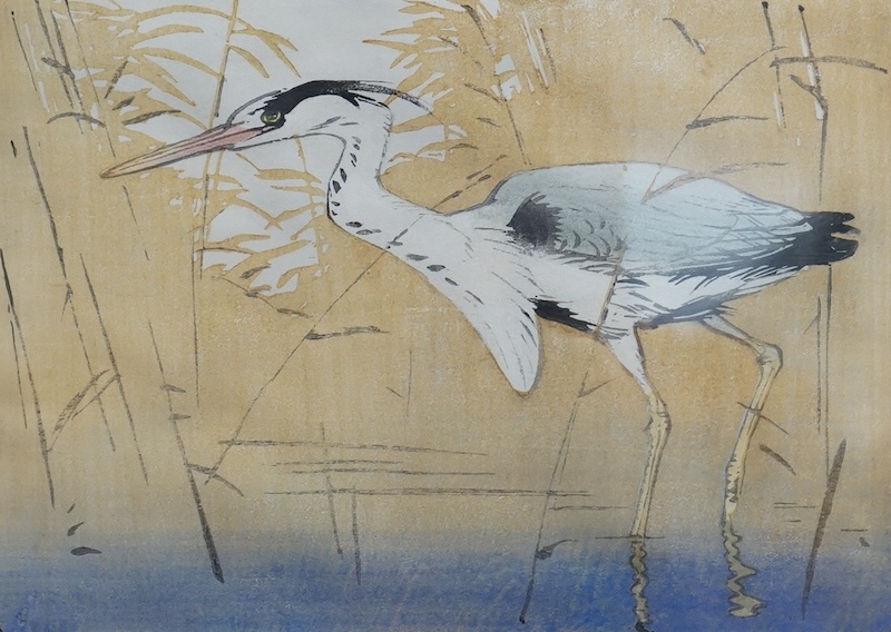 Allen W. Seaby (1867-1953), woodcut in colour, ‘Heron’, signed in pencil, limited edition 4/100, label verso, 16 x 22cm. Condition - good